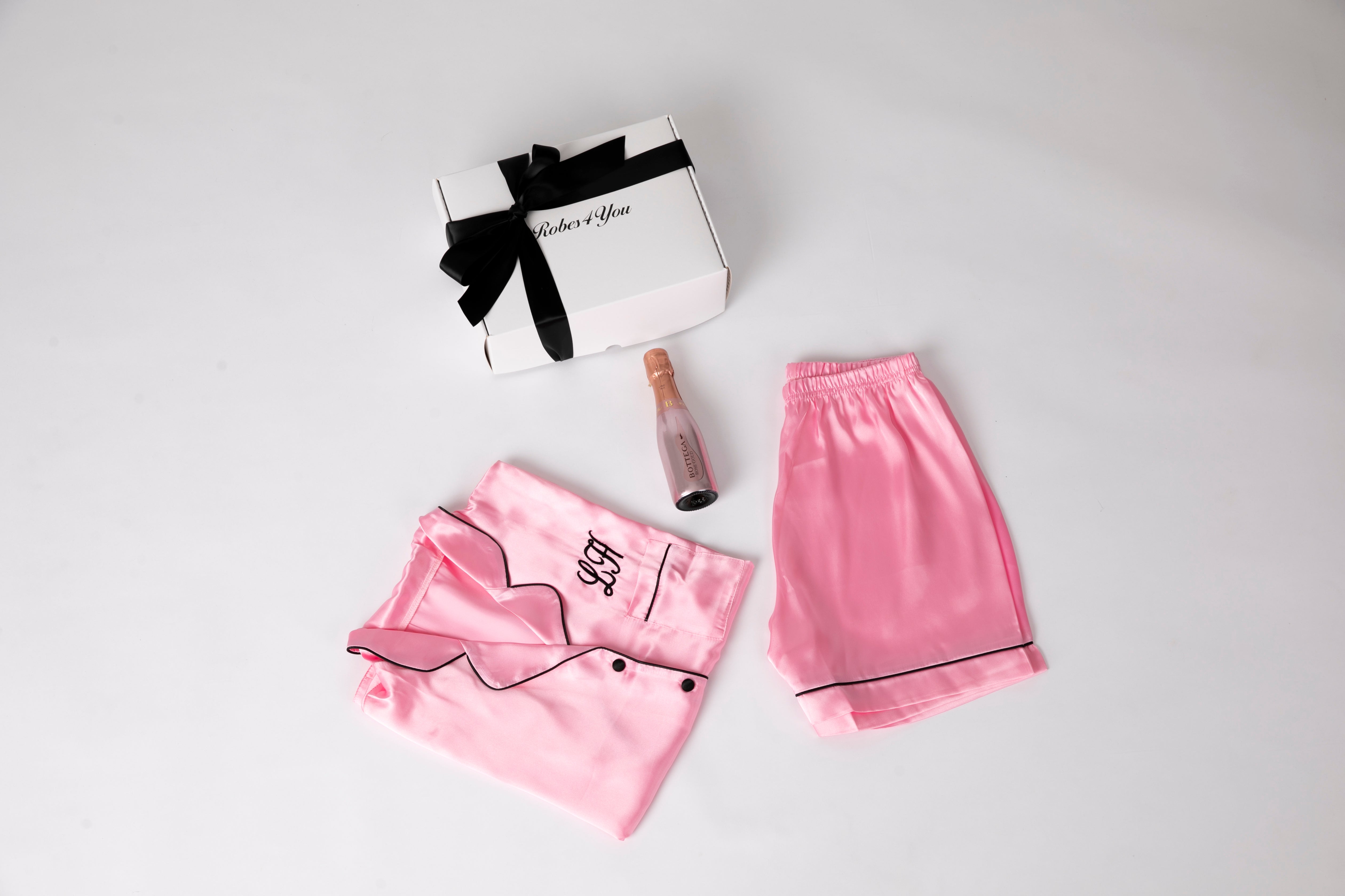 Mini Pjs Hamper- Satin short Pyjamas with Snippet of prosecco presented in a Gift Box with ribbon