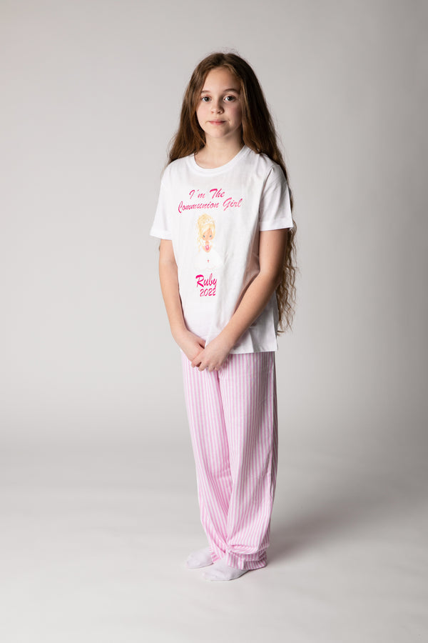 Girls Short Sleeve  Cotton Communion Pjs with little girl character