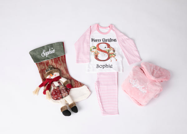 Christmas children's hamper, Pink robe ,Pink pyjamas , Christmas stocking  with gift box