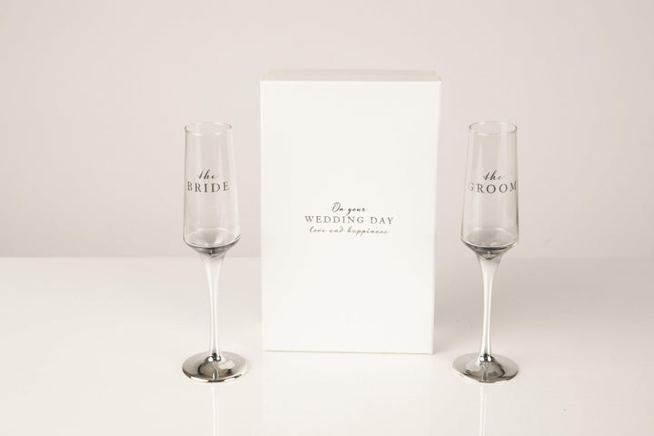 Personalised Bride and Groom Champagne flutes presented in a gift box - Robes 4 You