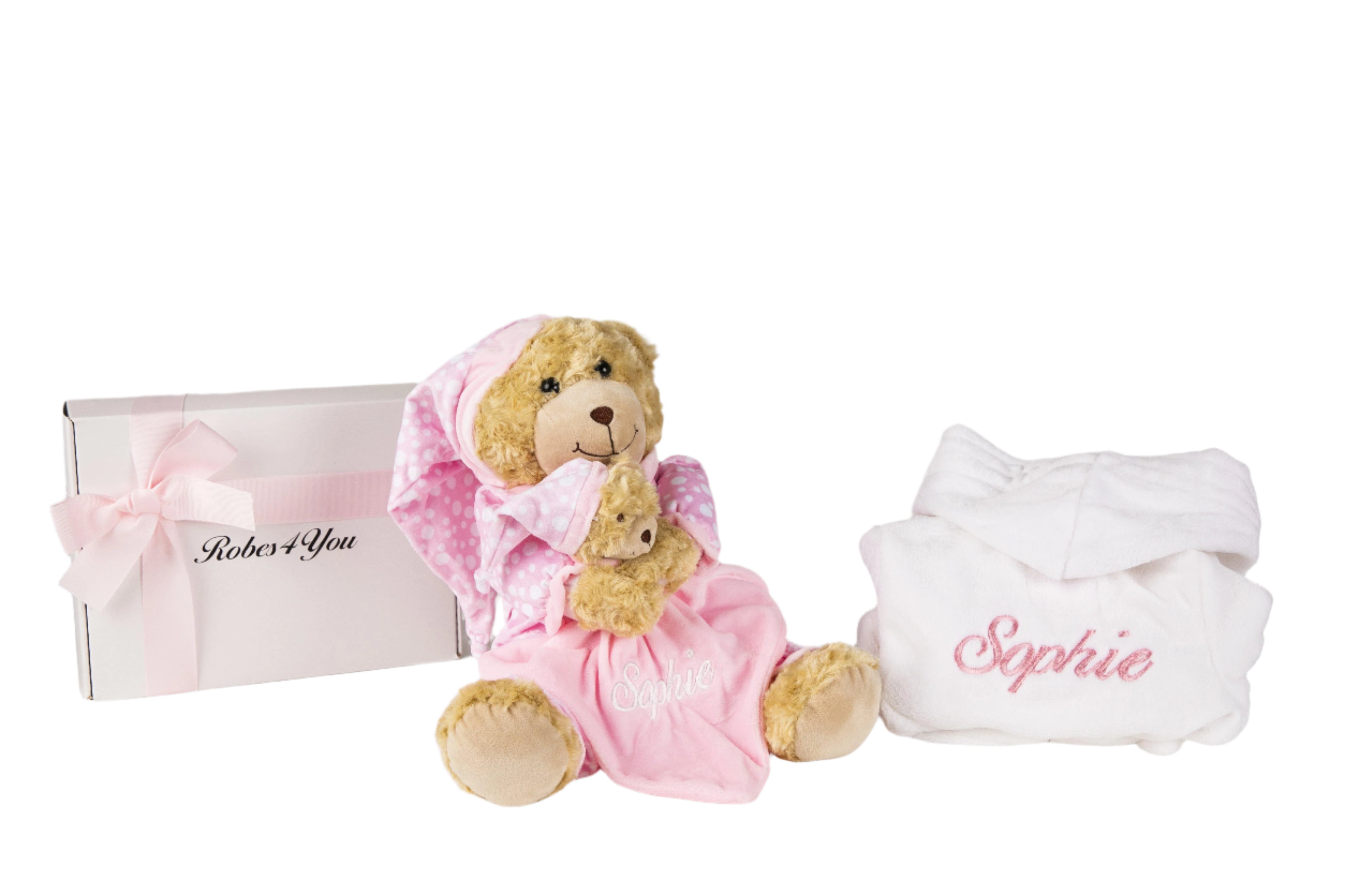 Personalised baby girl gift set-Personalised teddy with white robe ...