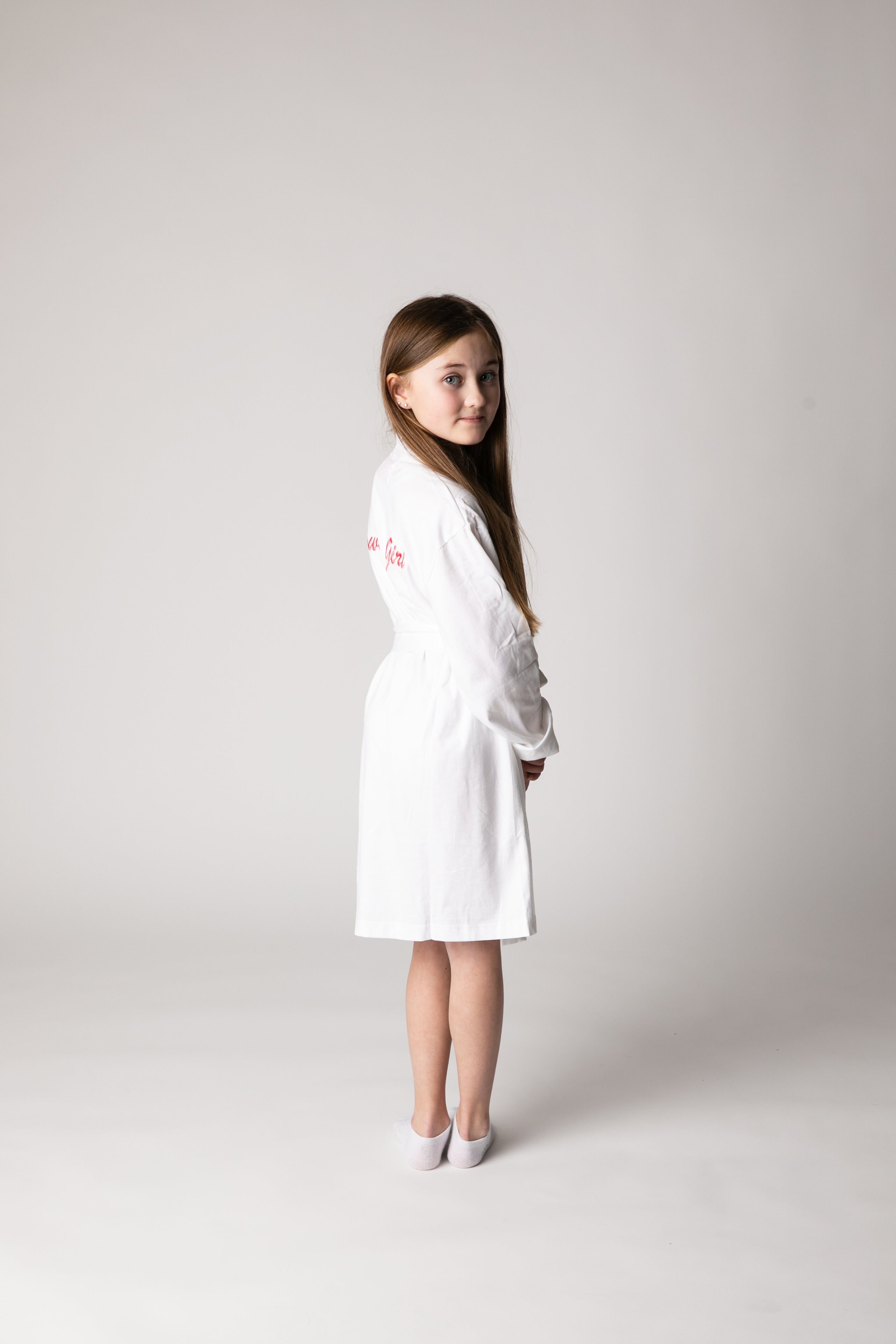 White Cotton Flower Girl Robe embroidered pink