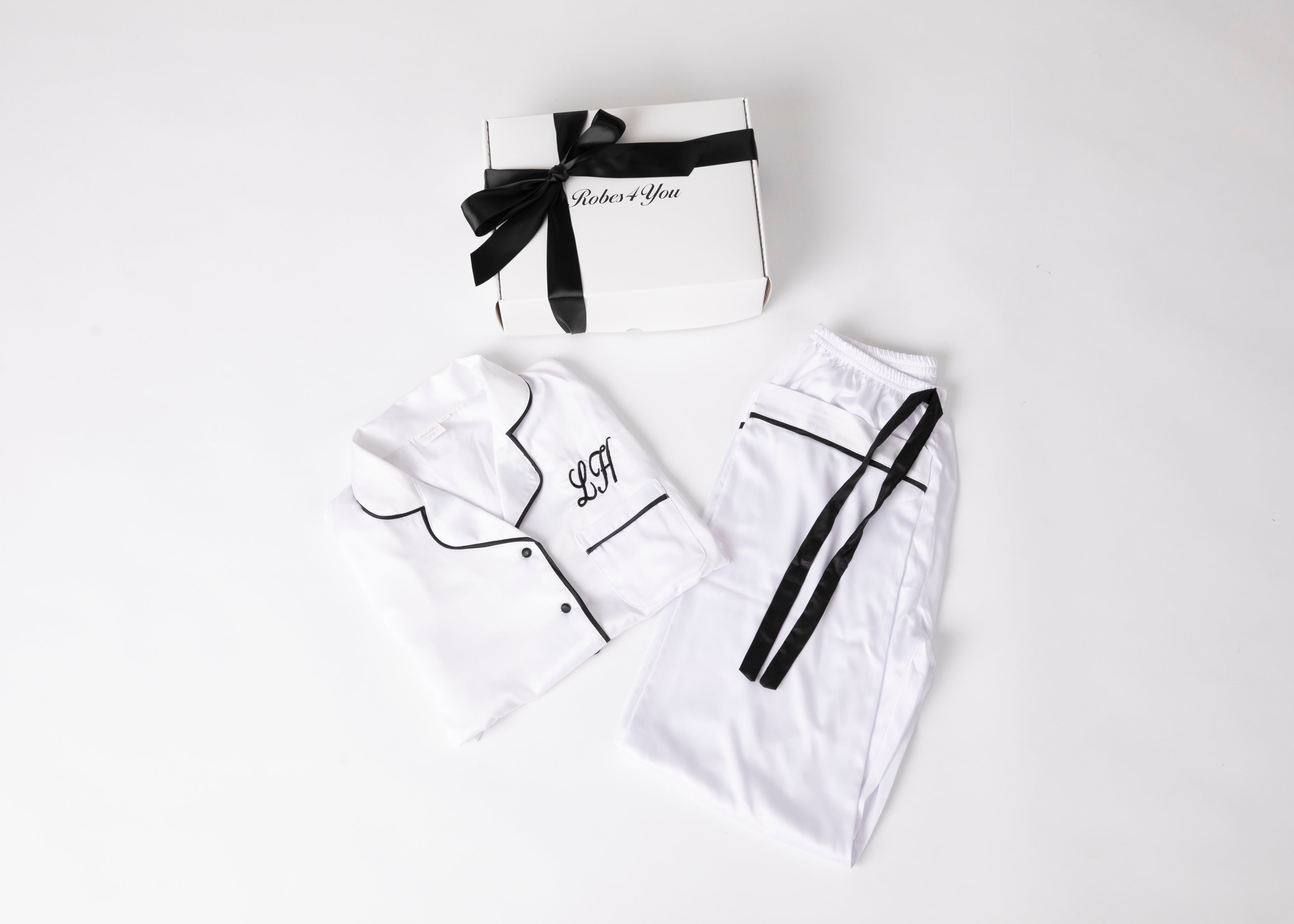 Personalised White Satin Pjs with Black Piping in a gift box with box